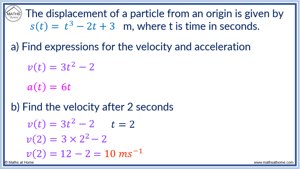 example of finding velocity and acceleration from displacement using differentiation