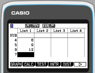 entering a list in casio fxcg50