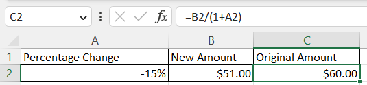 How to calculate reverse percentage decrease using excel