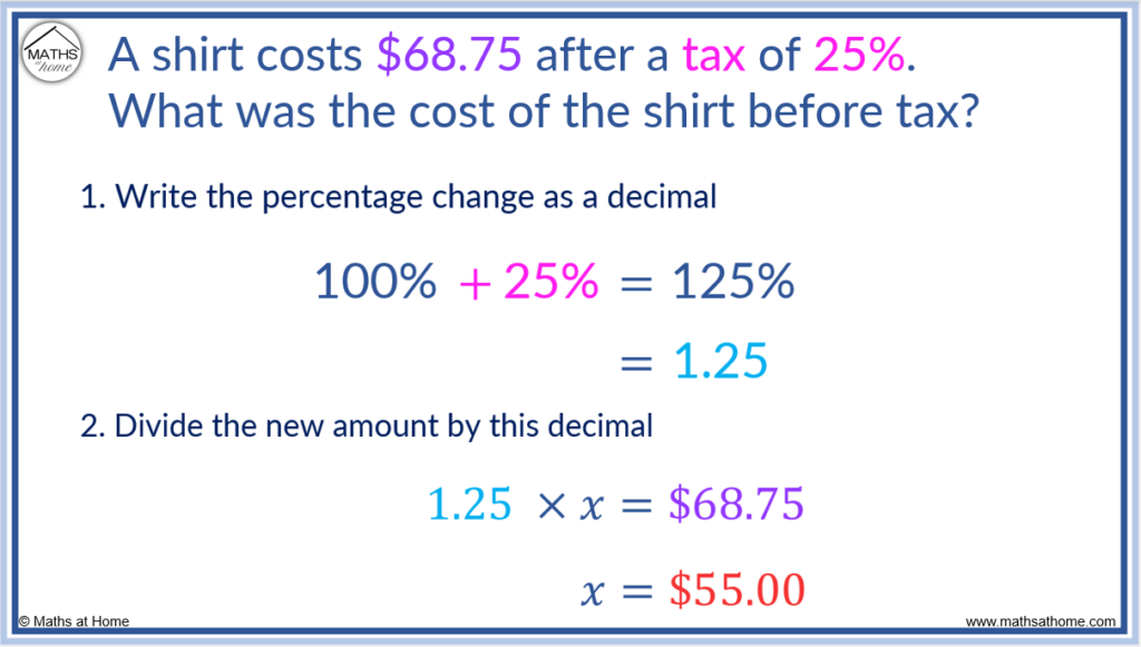 reverse percentages example using the algebra method